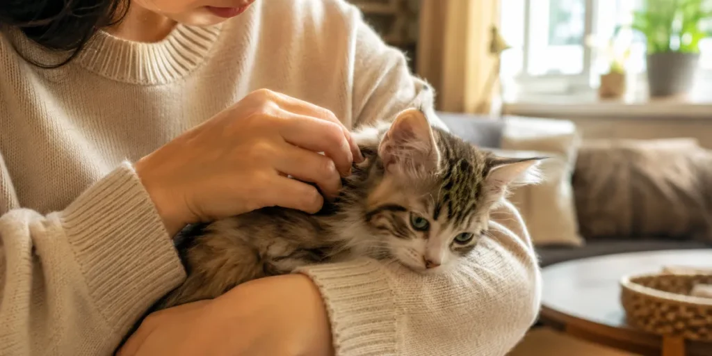 دلایل ریزش موی گربه - بررسی موی بچه گربه توسط صاحبش